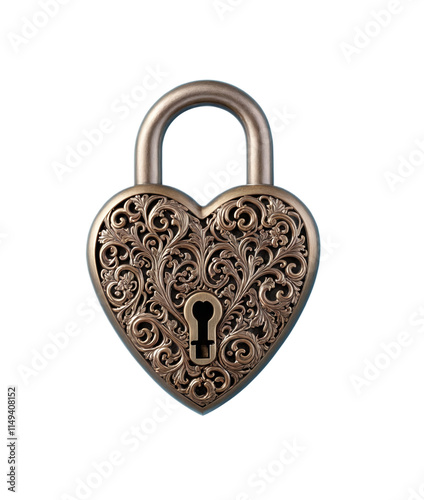 An ornate heart-shaped padlock with intricate vintage patterns and a keyhole at the center. The lock has a metallic finish and exudes an antique, romantic charm.