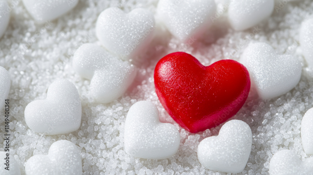 Red heart surrounded by white sugar hearts on granulated sugar background Red heart surrounded by white sugar hearts on granulated sugar background