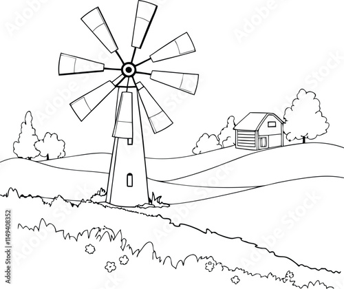 A Windmill In Doodle Style Continuous One Line Art Drawing Illustration