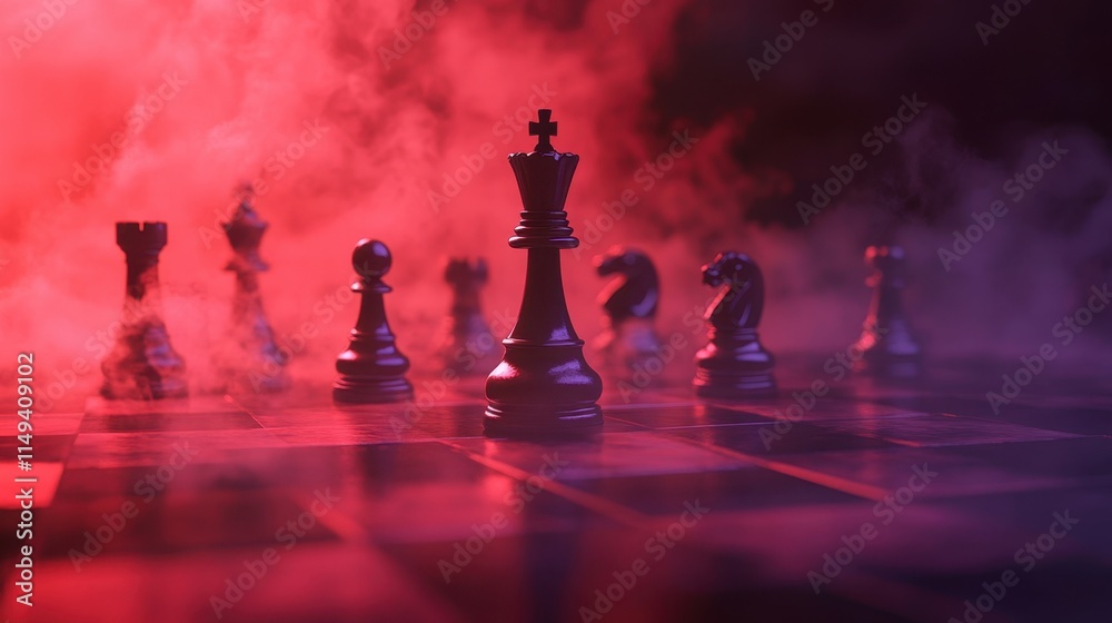 Chess Pieces on Board with Fog and Dramatic Lighting Effects Chess Pieces on Board with Fog and Dramatic Lighting Effects