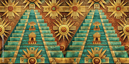 Intricate design featuring ancient pyramid motifs with golden accents on a textured background.