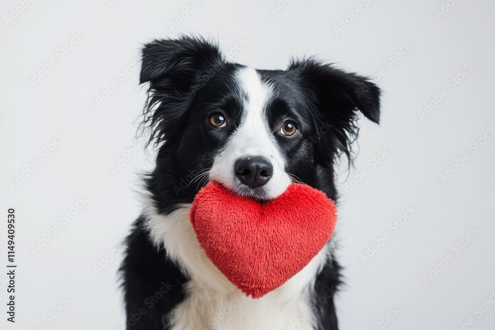 Border collie dog holds red plush heart toy in mouth. Border collie dog holds red plush heart toy in mouth.
