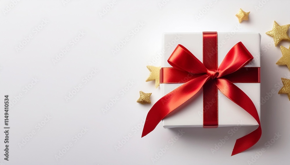 White With Gold Accents Gift Box with Red Ribbon on White Background. Top View of Romantic Gifts with Copy Space White With Gold Accents Gift Box with Red Ribbon on White Background. Top View of Romantic Gifts with Copy Space