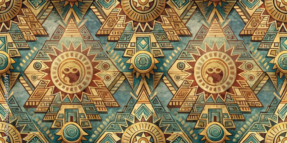 Intricate tribal pattern featuring golden suns and geometric shapes in warm and cool tones.