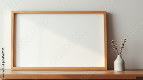 Minimalist Wooden Frame Mockup with Simple Flower Arrangement on Table