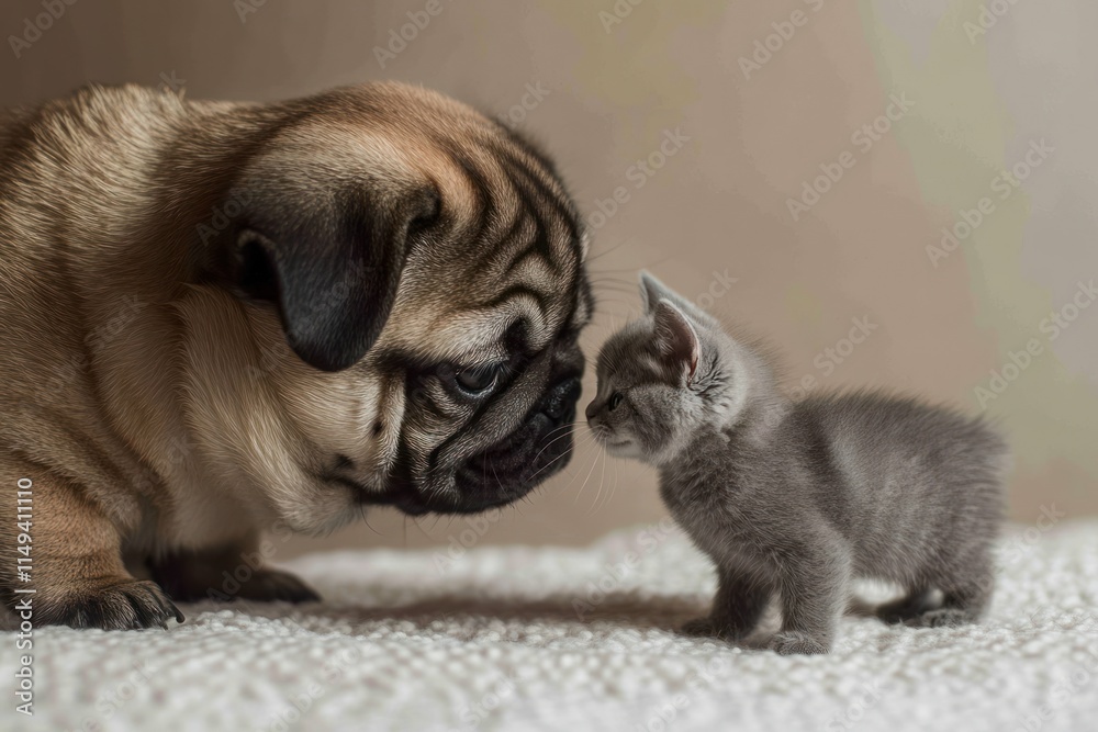 Puppy and kitten face each other on a blanket. Puppy and kitten face each other on a blanket.