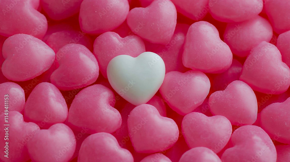 White heart candy surrounded by pink heart candies White heart candy surrounded by pink heart candies