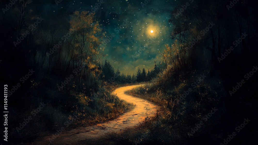 Painting of a dark house with a path leading to it. Path moon night trees painting paints forest. A painting of a path painted in the forest. Lifestyle. Painting of a dark house with a path leading to it. Path moon night trees painting paints forest. A painting of a path painted in the forest. Lifestyle.