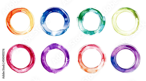 Set of color watercolor circle set on white & transparent a background.