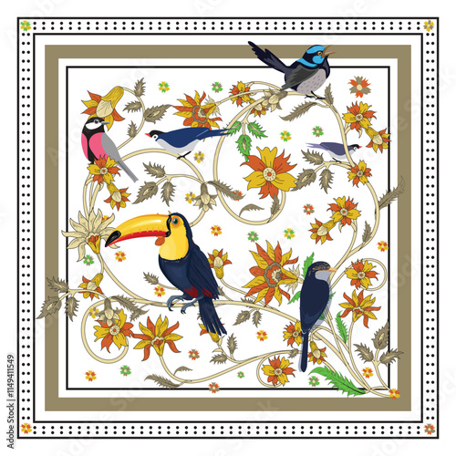 Beautiful vintage scarf floral bird decorative seamless pattern. Decorative garden vector background with birds, Tropical seamless vector pattern background with exotic flowers.