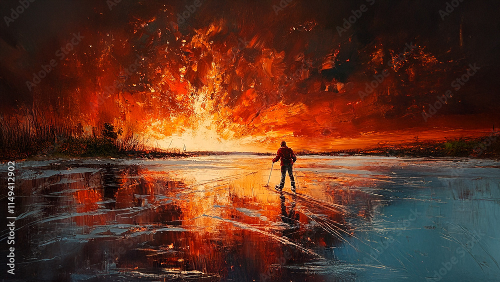 Fototapeta premium An oil painting of man standing in front of a fire. Ice rink fire drawing color paint man. A man is drawing a color on lifestyle a painting.