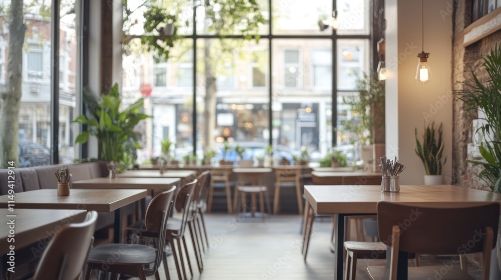 Indoor cafe with empty tables, chairs, and large windows. Indoor cafe with empty tables, chairs, and large windows.