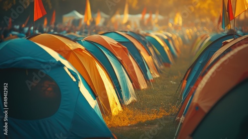 Tent city. Shot of a campsite filled with many colorful tents at an outdoor festival, concept of music festival and camping events photo