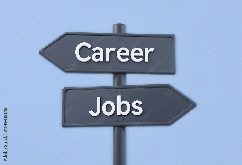 Two directional signs pointing towards career and jobs against a clear blue sky. Two directional signs pointing towards career and jobs against a clear blue sky.