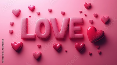 Colorful Love Theme with Hearts and Bold Letters on Pink Background