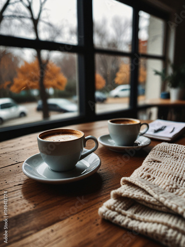 A beautifully crafted latte coffee sits on a saucer, placed on a wooden table by a window with a view of lush green trees. photo