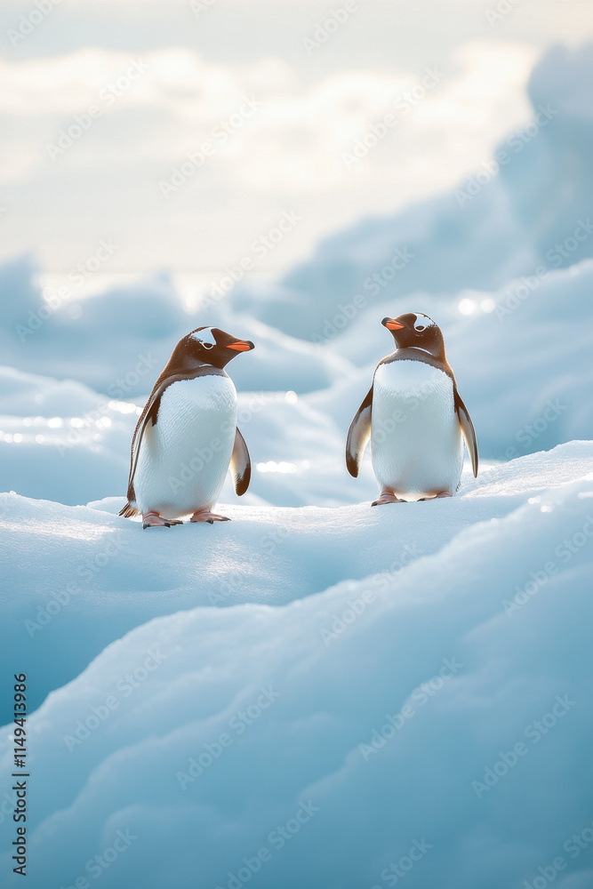 Obraz premium Two penguins standing on bright blue ice, surrounded by sparkling snow and clear skies, showcasing the beauty of a pristine Antarctic landscape.
