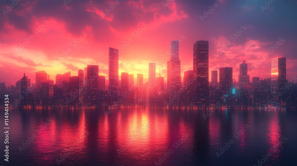 Fototapeta premium City skyline reflected in red water at sunset.