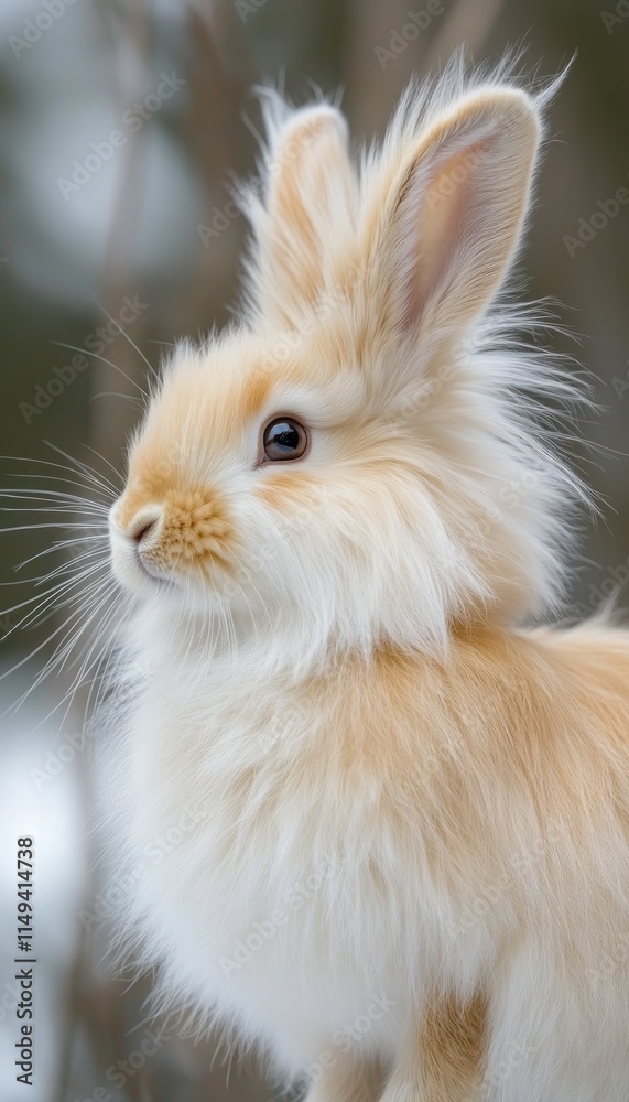 A fluffy, light-colored rabbit with big ears, showcasing its soft fur in a natural setting. A fluffy, light-colored rabbit with big ears, showcasing its soft fur in a natural setting.