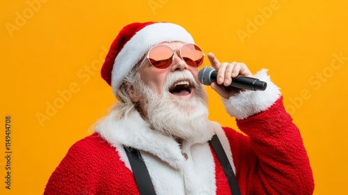 Nightclub invite on christmas party celebration funky crazy santa claus dj in white headset sing song sound melody listen music dance wear stylish x-mas hat suspenders isolated yellow color background photo