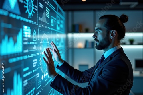 Businessman interacting with futuristic digital interface in modern office environment, conceptual technology, innovation, data analysis, and AI trends visual
