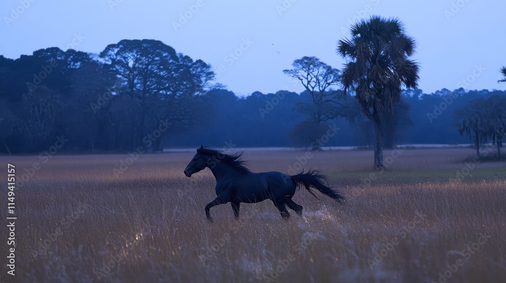 A black horse gallops through a serene field at dusk, surrounded by trees and tall grass. A black horse gallops through a serene field at dusk, surrounded by trees and tall grass.