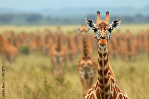 A giraffe standing prominently in the foreground, with its elegant neck and patterned coat, surrounded by a herd of giraffes in a lush grassy savanna - Giraffa camelopardalis photo