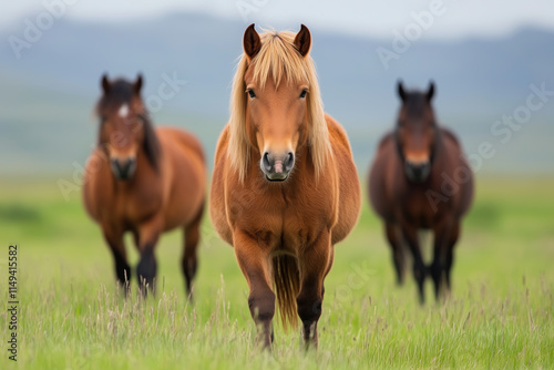 Portrait of a chestnut horse with a flowing mane standing in a lush green meadow, accompanied by two other horses in the background