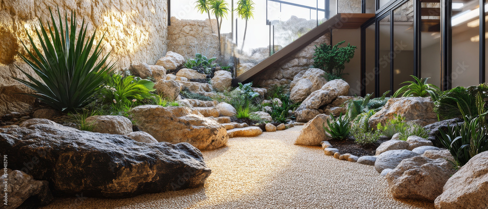 Indoor Rock Garden: Zen Stone Pathway, Lush Greenery, Architectural Design Indoor Rock Garden: Zen Stone Pathway, Lush Greenery, Architectural Design