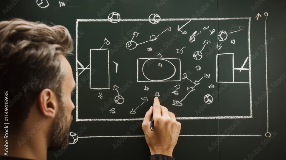 Coach drawing a soccer football game strategy in the locker room