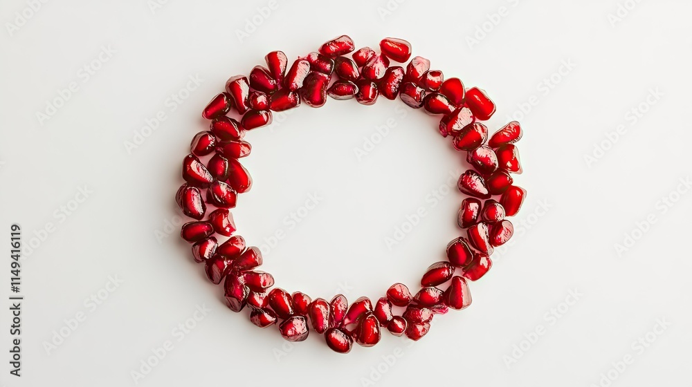 Pomegranate seeds forming a circular shape on a white background, with a minimalist aesthetic. Pomegranate seeds forming a circular shape on a white background, with a minimalist aesthetic.