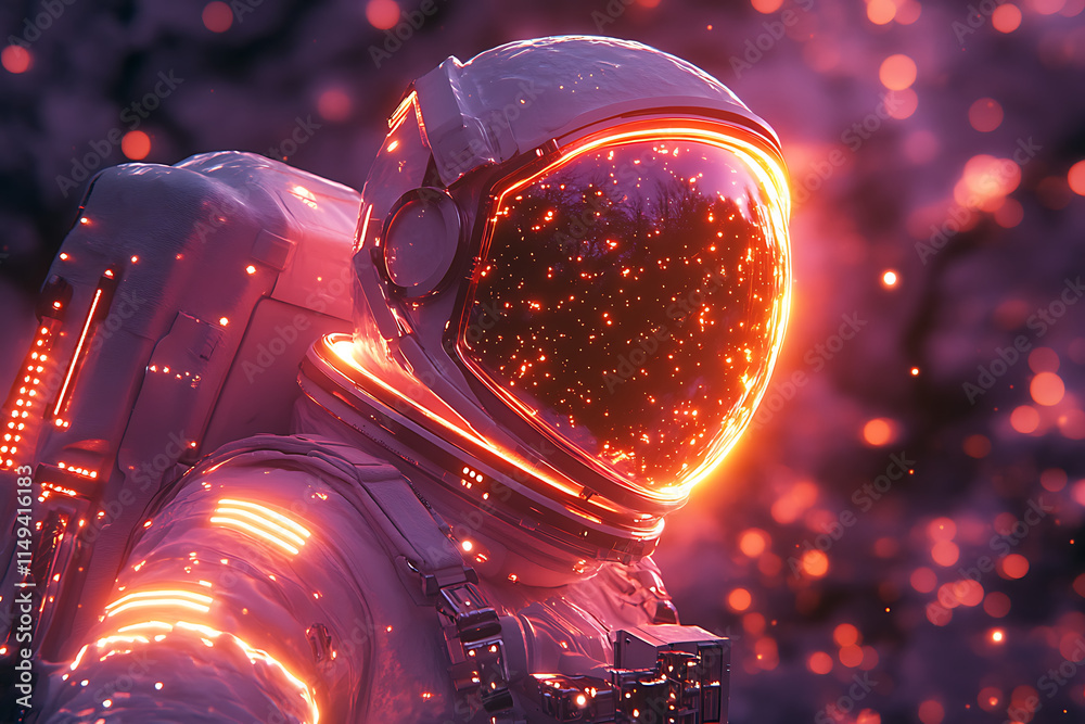 A glowing astronaut in a cosmic setting, surrounded by vibrant particles and light. A glowing astronaut in a cosmic setting, surrounded by vibrant particles and light.