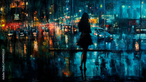 A woman is walking down a dark street in the rain. Girl drawing paints city night colored lights. A girl in a dress and colored night lifestyle lights.