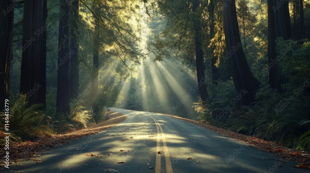 Fototapeta premium Serene Road Through Majestic Redwood Forest with Sunlight Rays