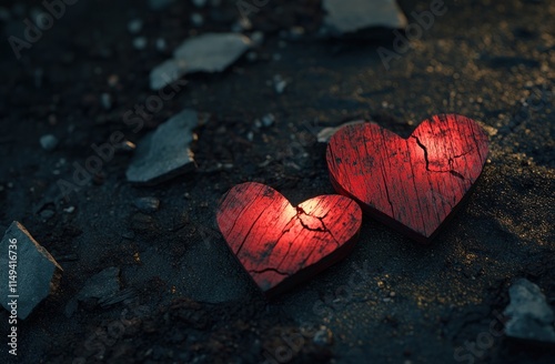 Two broken red wooden hearts on rough ground.