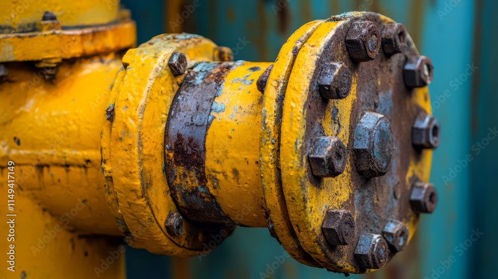 Rusty yellow pipe flange in industrial setting with bolts Rusty yellow pipe flange in industrial setting with bolts