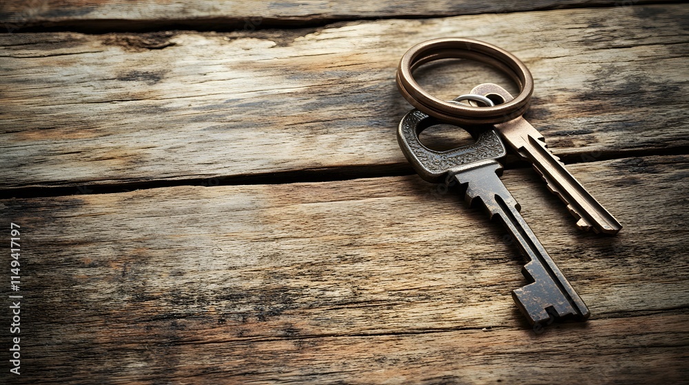 Antique Keys Resting on Weathered Wooden Surface Antique Keys Resting on Weathered Wooden Surface