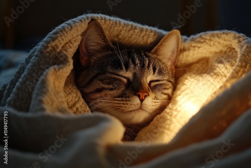 Sleeping tabby cat wrapped in blanket. photo