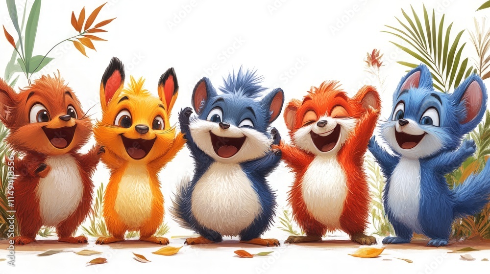 Five happy, colorful furry creatures. Five happy, colorful furry creatures.