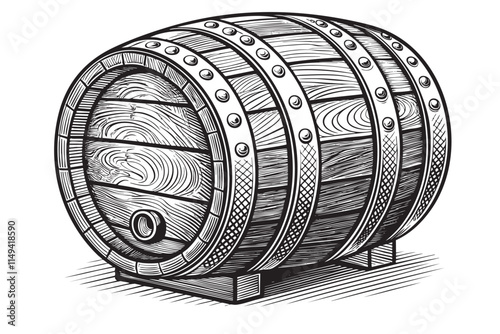 wooden barrel with metal bands engraving vector illustration
