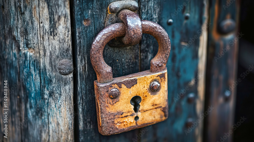 Old rusty padlock on weathered wooden door