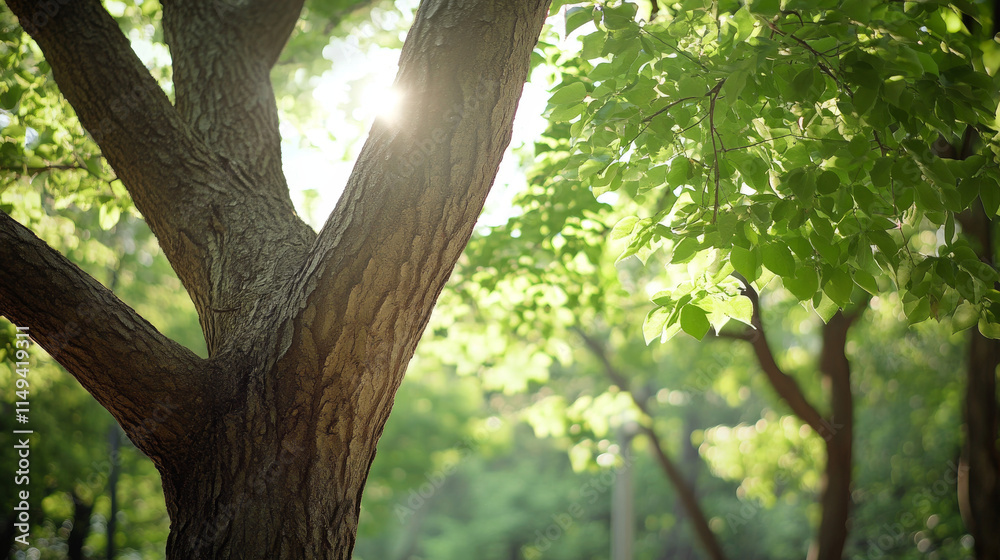 Sunlit Tree Trunk, Lush Green Leaves, Urban Forest, Nature Photography, Cinematic Background Sunlit Tree Trunk, Lush Green Leaves, Urban Forest, Nature Photography, Cinematic Background