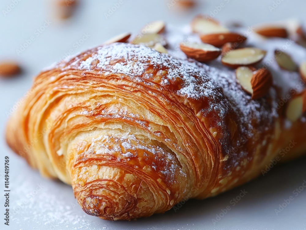 A golden croissant topped with almonds and powdered sugar, showcasing a delicious pastry treat. A golden croissant topped with almonds and powdered sugar, showcasing a delicious pastry treat.
