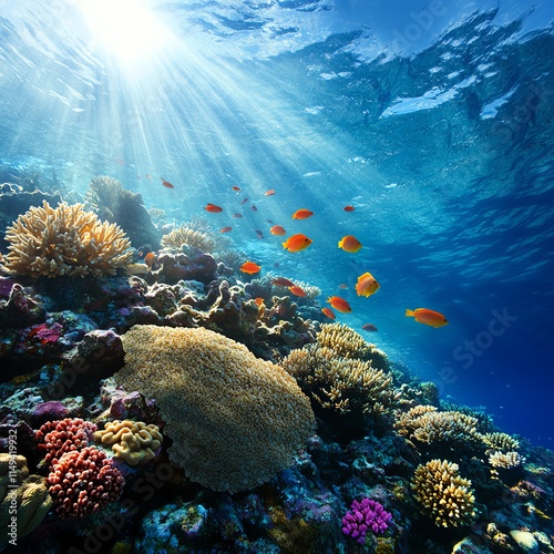 A tropical coral reef teeming with multicolored fish, underwater vibrancy photo