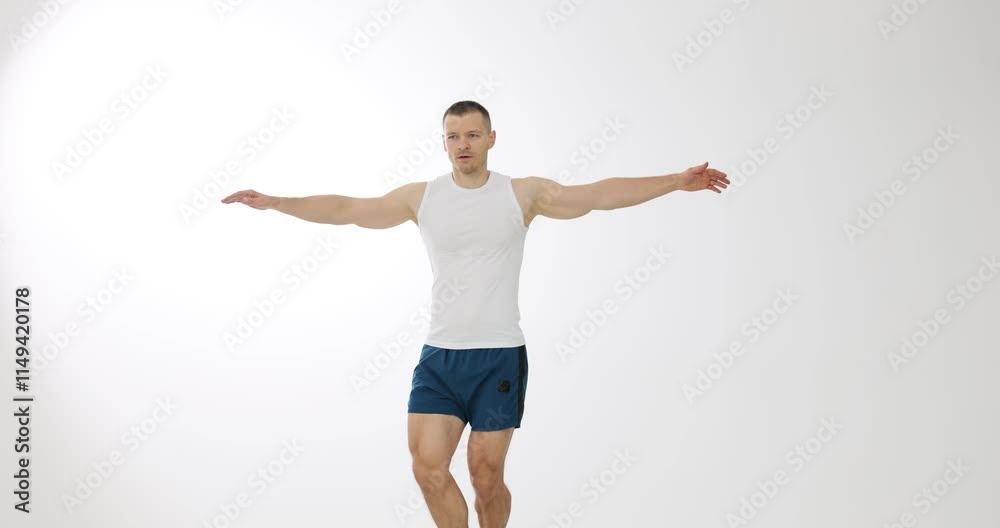 Ballet lover demonstrates exercise with circular motion on white background Ballet lover demonstrates exercise with circular motion on white background