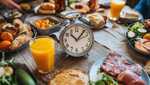 Wallpaper Mural Alarm Clock Rings:  Delicious Brunch Table, Fresh Food, Juices, Breads, and Salads Await Enjoyment Torontodigital.ca