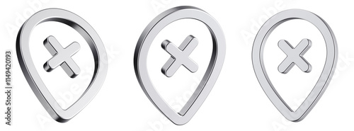 Stylish 3D Metallic Location Pin Icons with Cross – Error and Deletion Symbols photo