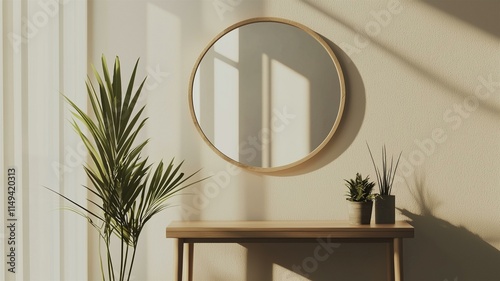 modern entryway with a sleek console table, round mirror, and a minimalist potted plant
