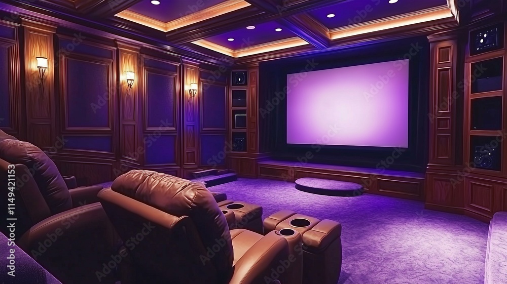 comfortable home theater with plush recliner seating, large screen, and ambient LED lighting comfortable home theater with plush recliner seating, large screen, and ambient LED lighting