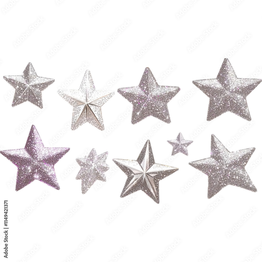 A collection of sparkling silver stars in various sizes, showcasing a dazzling, festive aesthetic perfect for decorations. A collection of sparkling silver stars in various sizes, showcasing a dazzling, festive aesthetic perfect for decorations.
